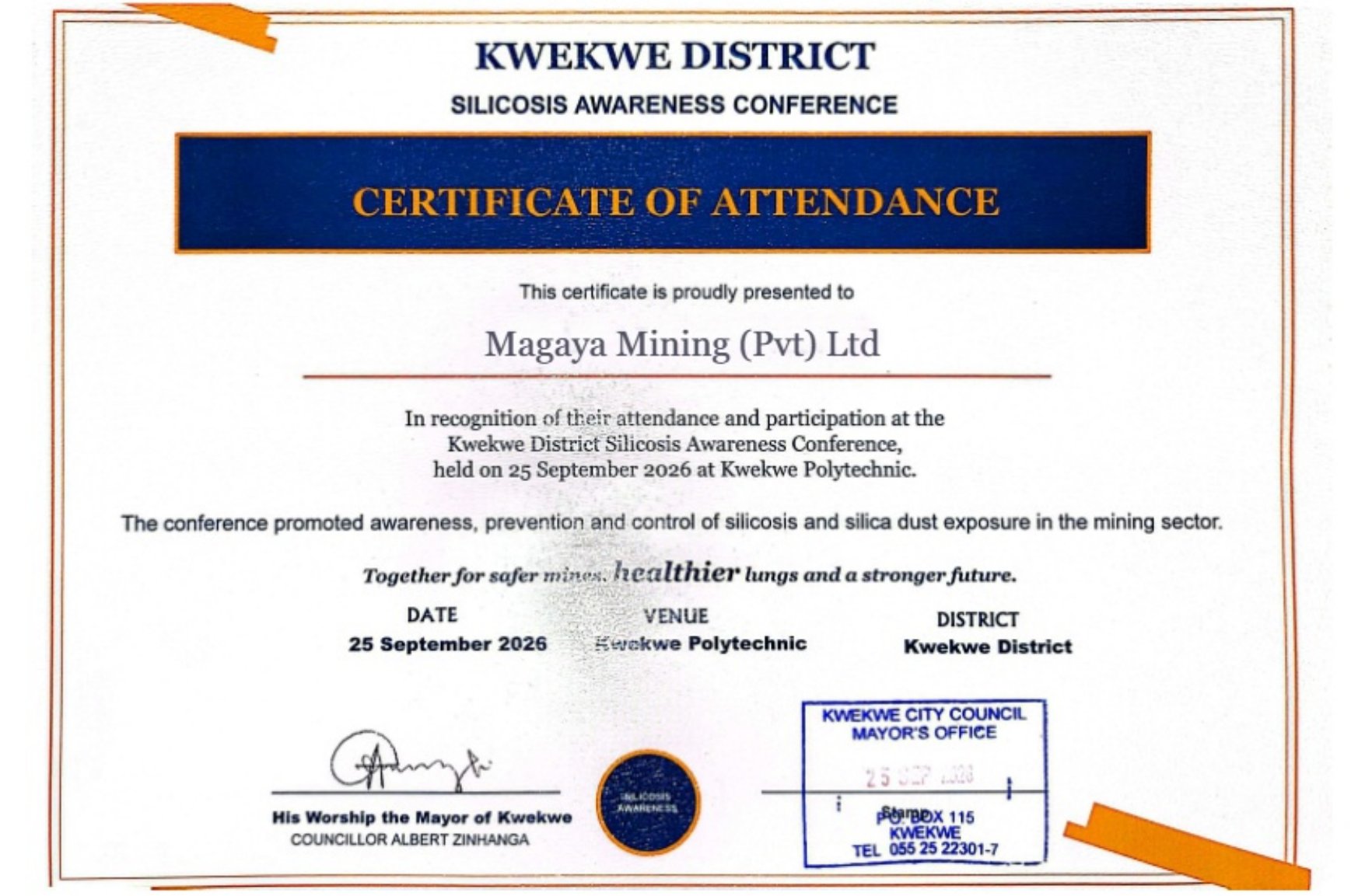 Certificate of attendance presented to Magaya Mining (Pvt) Ltd for the Kwekwe District Silicosis Awareness Conference, 25 September 2026